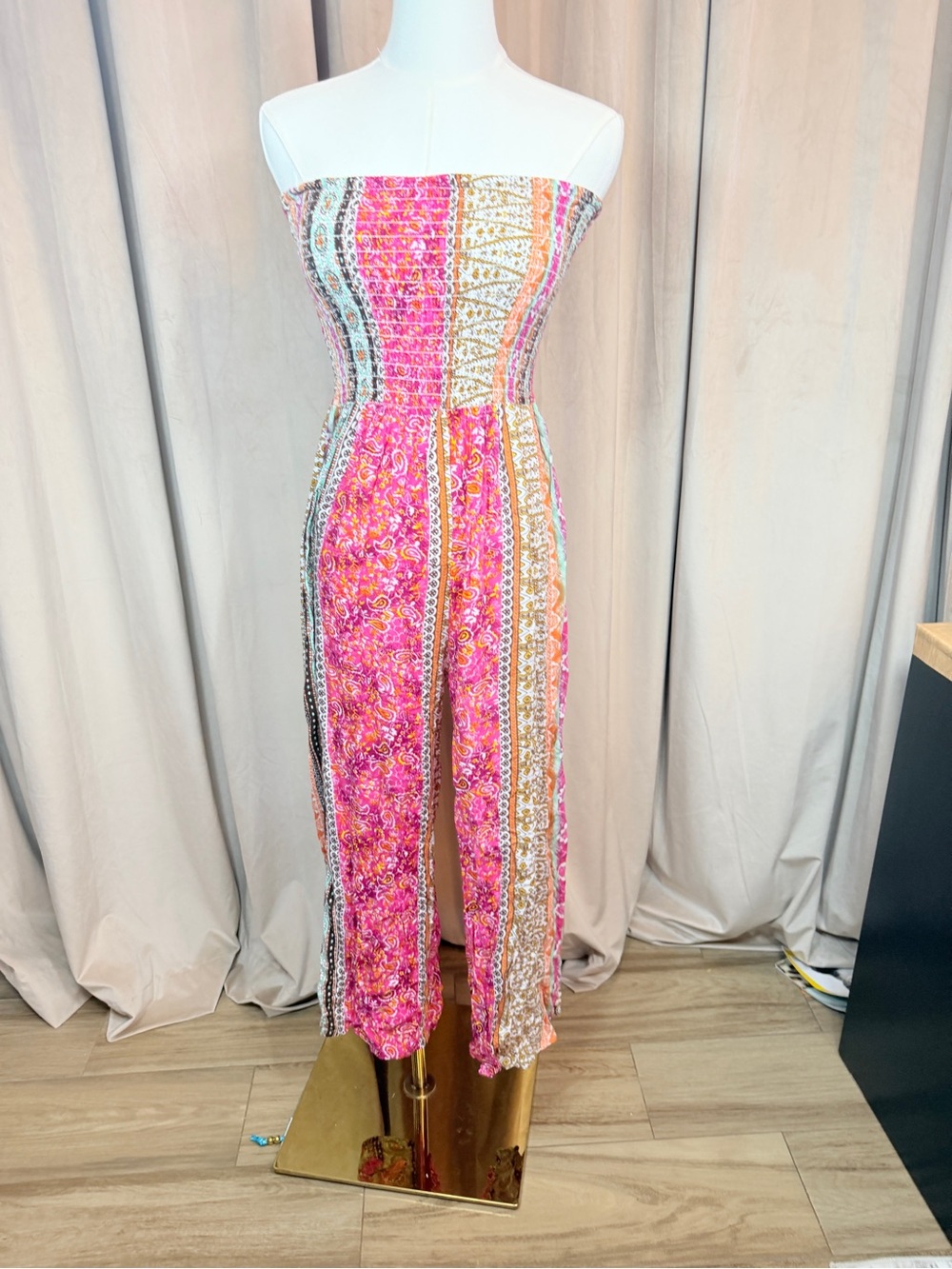Strapless Pink Patterned Wide-Leg Jumpsuit